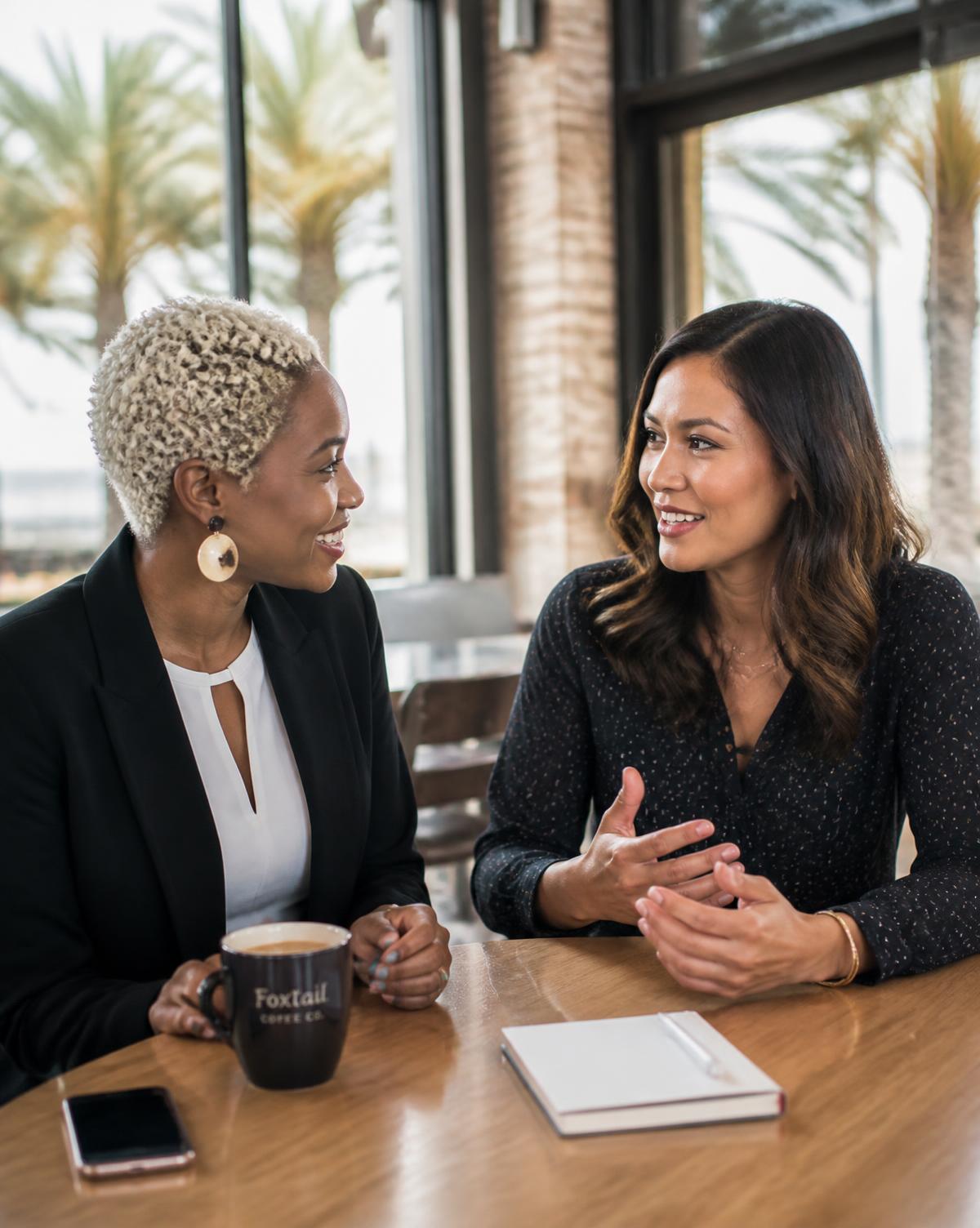 Two women business leaders in conversation over coffee in Central Florida