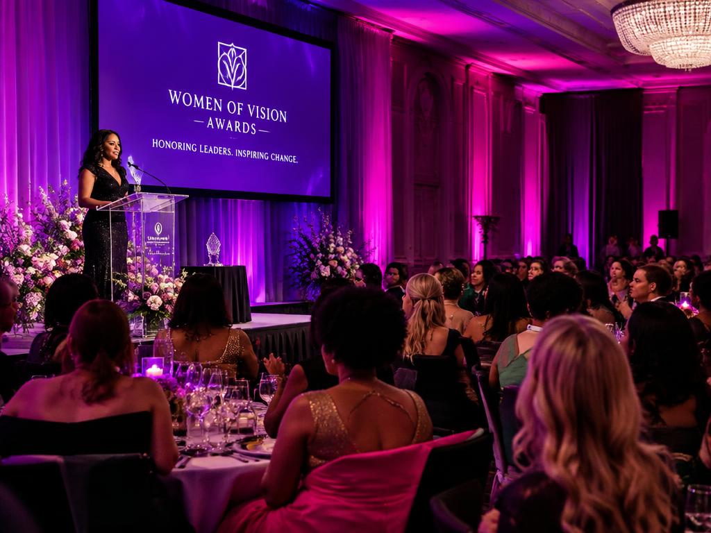 Awards gala ballroom with women seated at tables