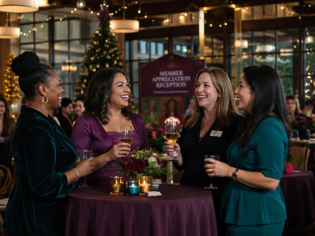 Women laughing together at a holiday member reception