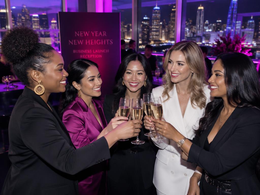 Professional women toasting at a New Year launch reception
