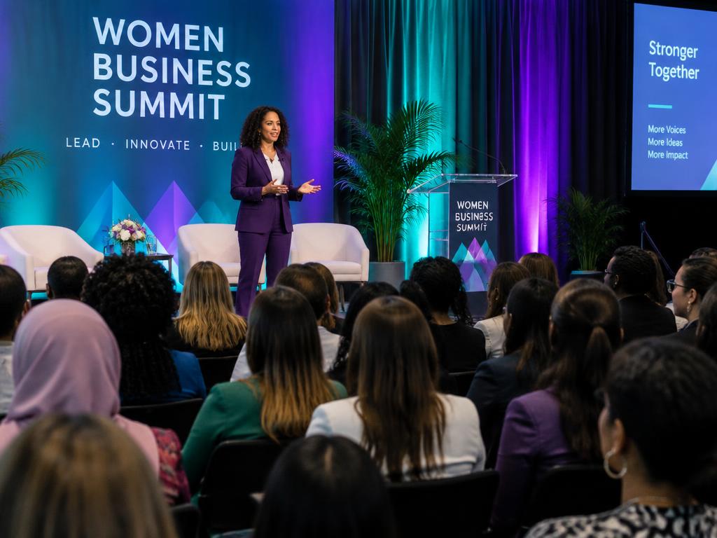 Woman speaker on stage at a women's business summit